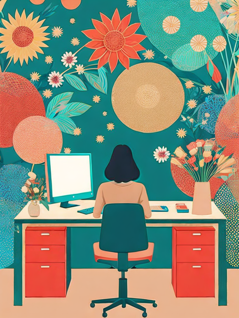 01079-3056055230-a woman sitting at a desk in front of a computer with a flowered background by Victo Ngai.png